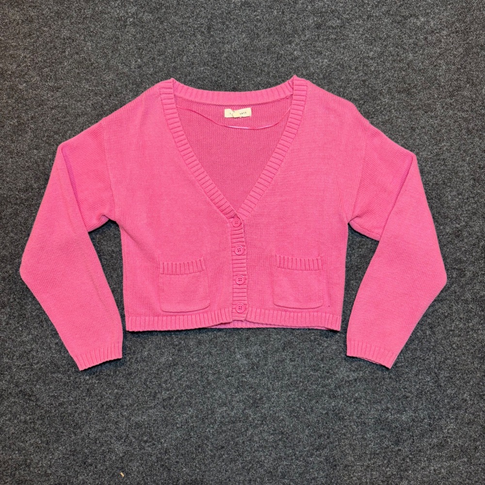 LA Hearts Womens Pink Cropped V-Neck Button Front Cardigan Sweater Small